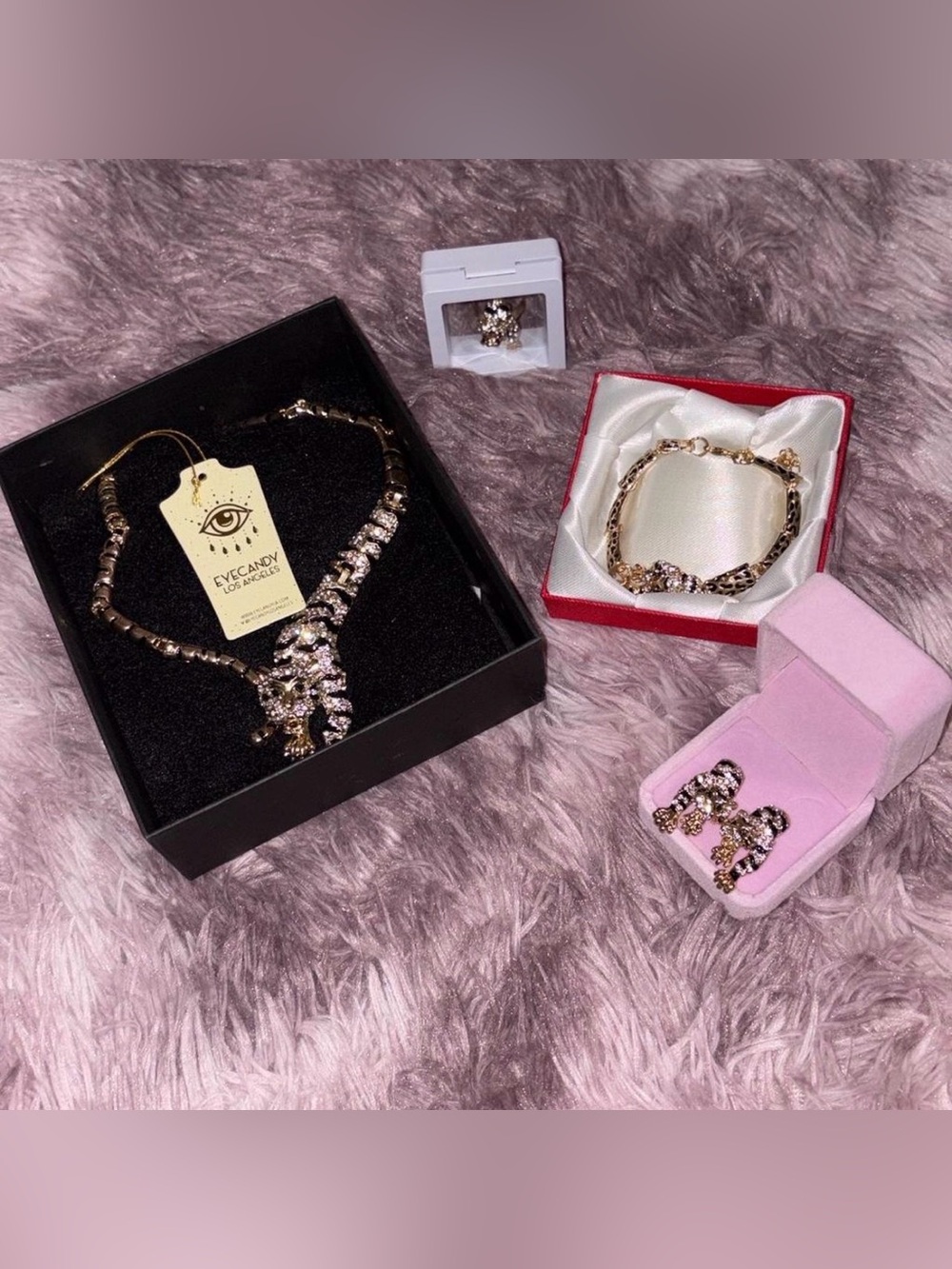 Gold and Pink Crystal Jewelry Set - Necklace, Bracelet, Ring
